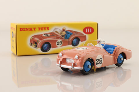 Atlas Dinky Toys 111; Triumph TR2, Competition Finish; Salmon Pink, Blue Interior & Hubs
