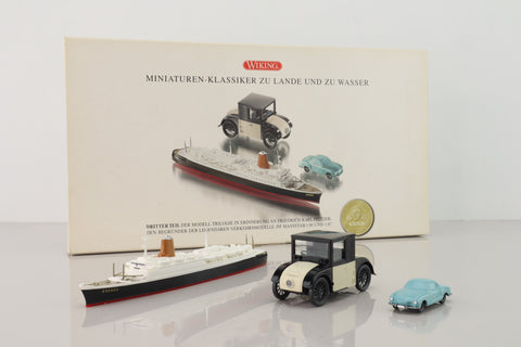 Wiking 990 34 58; Miniatures of Land and Sea Set; Vintage Car, VW Karmann Ghia, Steam Ship Bremen