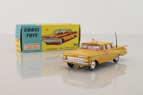 Corgi Toys 221; Chevrolet Impala Yellow Cab (Early); Yellow, Turned Hubs